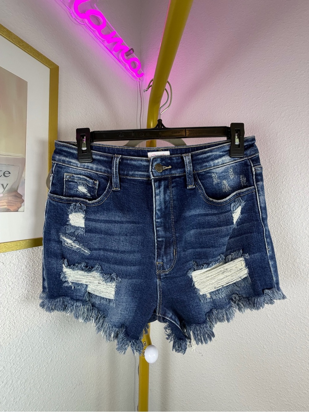 Pink Lily Dark Blue Distressed Denim Jean Shorts - Large - 30” Waist - Stretchy